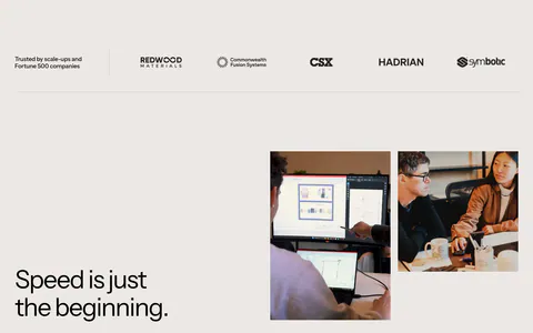 Podium Automation value proposition section: customer logo row above a headline beside two team photos on a warm gray background