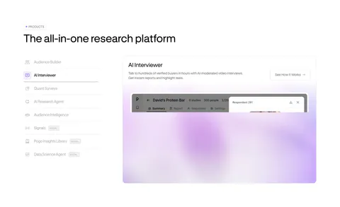 Pogo features section: vertical product tab list on the left beside a panel with a blurred lavender product screenshot