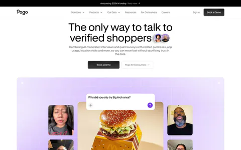 Pogo hero section: centered headline and demo buttons above a lavender grid panel of video interview tiles around a burger photo