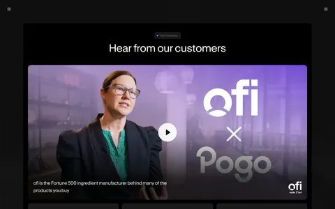 Pogo testimonials section: dark panel with a video thumbnail and play button above three customer quote cards