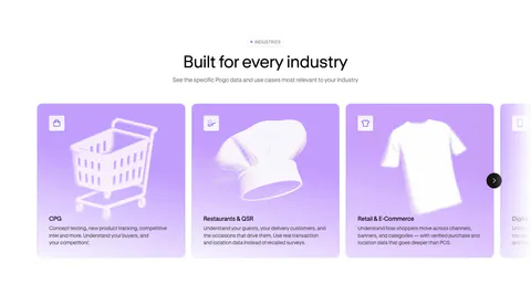 Pogo use cases section: centered headline above a carousel of lavender industry cards with halftone object artwork