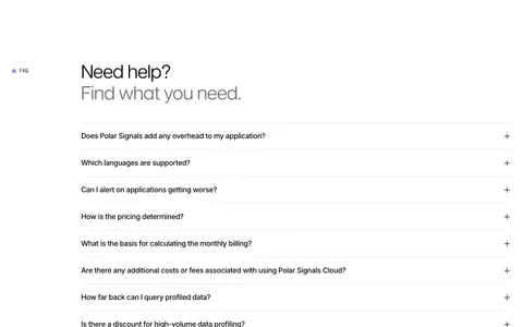 Polar Signals FAQ section: two-tone headline above a full-width accordion list of eleven questions with plus icons on white