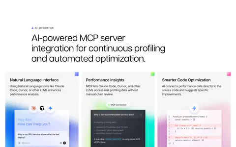 Polar Signals features section: large headline over three cards with glowing chat, MCP and code mockups, plus a row of LLM tool chips