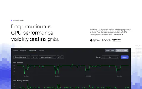 Polar Signals features section: headline above a dark GPU profiler dashboard on blue pixel bars, with three icon feature points below