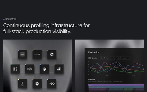 Polar Signals features section: dark charcoal layout with two panels, a grid of language icon tiles and a production CPU chart UI