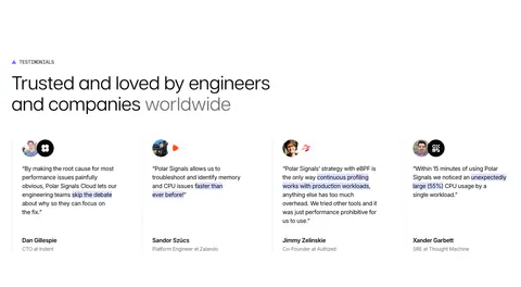 Polar Signals testimonials section: headline above four divided columns of quotes with highlighted phrases, avatar and logo pairs and names