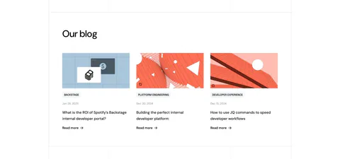 Port blog & resources section: headline above three blog cards with abstract geometric artwork, category tags, dates and Read more links