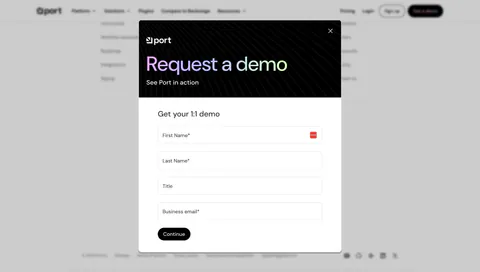 Port contact section: modal over a dimmed page with dark header, gradient Request a demo text and a four-field form with Continue button