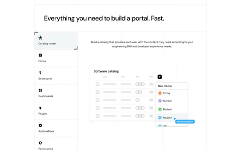 Port features section: headline above a vertical tab list of capabilities beside a software catalog UI mockup on a grid-lined white page