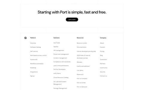 Port footer section: centered CTA with Let's start button above four link columns, compliance badges, legal links and social icons