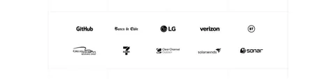 Port logo cloud section: two rows of five black customer logos centered on a white background with faint grid lines