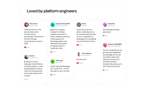 Port testimonials section: headline above a four-column wall of social posts with avatars, handles and YouTube or Reddit source icons