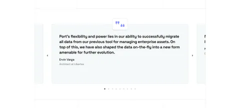 Port testimonials section: single quote card carousel with quote icon, arrows and pagination dots, side cards cut off at the edges