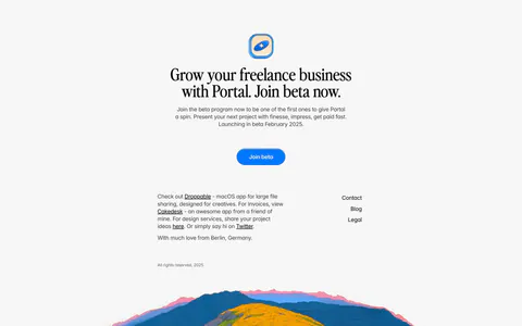 Portal footer section: centered serif join-beta headline and blue button above small link columns and a painted hillside illustration