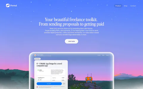 Portal hero section: centered serif headline on a blue-to-purple sky gradient above a proposal UI framed in a painted landscape
