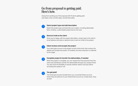 Portal how it works section: serif headline above a vertical five-step list with blue numbered circles on a light gray background