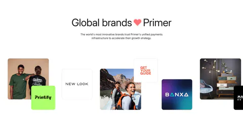 Primer logo cloud section: centered headline above a staggered row of customer logo tiles mixed with lifestyle photos