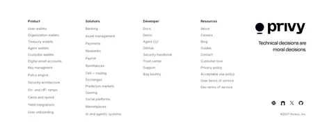 Privy footer section: white footer with five link columns, Privy logo, tagline and social icons in a minimal grayscale layout