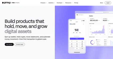 Privy hero section: headline, copy and two buttons on the left beside phone and dashboard wallet UI mockups on a purple panel
