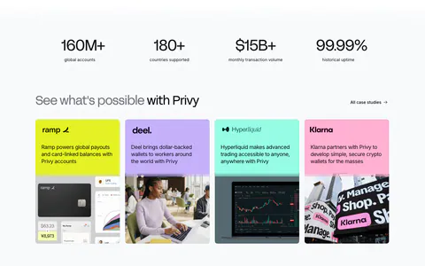 Privy testimonials section: four large metrics above a row of colorful customer case study cards with logos, short copy and photos