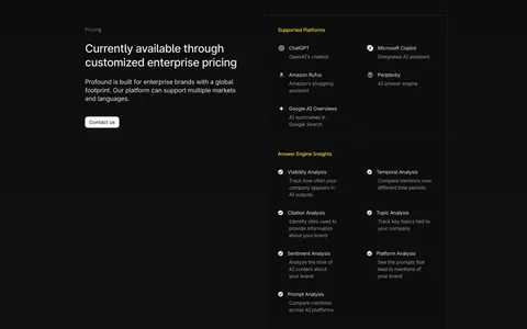 Profound pricing section: enterprise pricing headline and Contact us button on the left, long grouped feature checklist on the right on charcoal