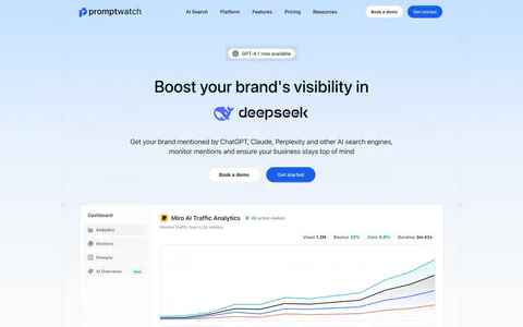 Promptwatch hero section: centered headline with DeepSeek logo, two buttons, analytics dashboard screenshot and LLM logo row