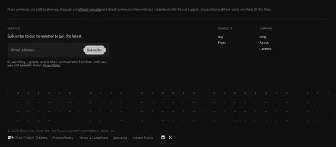 Proto footer section: newsletter email field with Subscribe button, Products and Company link columns, a dot pattern band and legal links on black