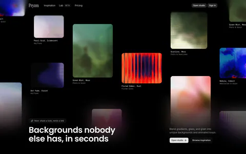 Pryzm hero section: black canvas of scattered colorful background sample cards with labels, headline at bottom left and buttons at right