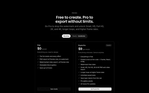 Pryzm pricing section: black background with centered headline, monthly/yearly toggle and two plan cards with feature checklists