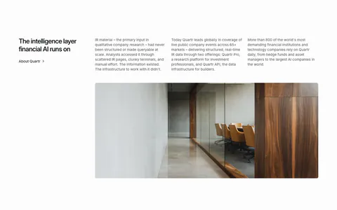 Quartr about & mission section: headline with About link, three columns of company story text and a wide office interior photo