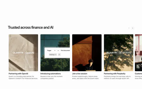 Quartr blog & resources section: horizontal carousel of photo cards for partnership news, automations and a live session