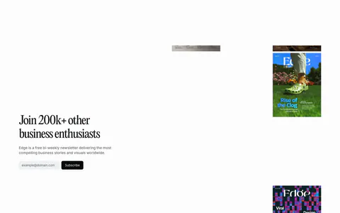 Quartr newsletter section: serif headline and email subscribe field on the left, scattered Edge magazine covers on the right