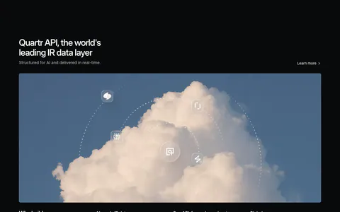 Quartr features section: dark layout with a wide cloud photo orbited by icons, three benefit columns and a video testimonial