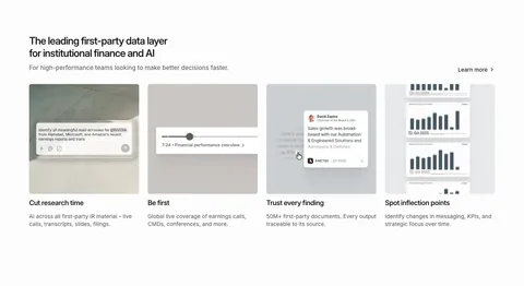 Quartr features section: four equal gray cards with small UI snippets and charts, each with a short title and description