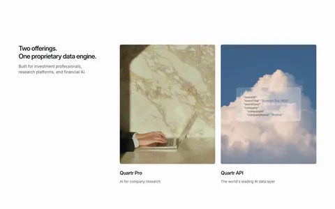 Quartr features section: headline on the left beside two photo cards for Quartr Pro and Quartr API, one with a frosted JSON snippet