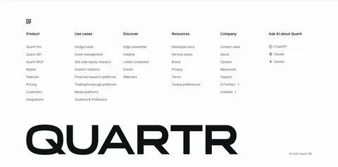Quartr footer section: six link columns including Ask AI about Quartr, above an oversized black QUARTR wordmark