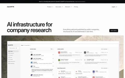 Quartr hero section: left-aligned headline with Book demo button above a research app dashboard set on a marble photo backdrop
