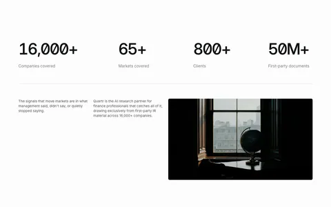 Quartr stats section: four large monospace figures in a row above two short text columns and a dark photo of a globe by a window