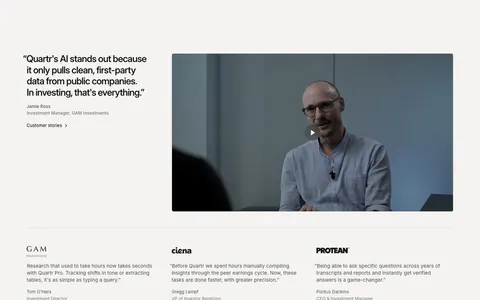 Quartr testimonials section: large quote beside a customer video with play button, above three logo-headed quotes in columns