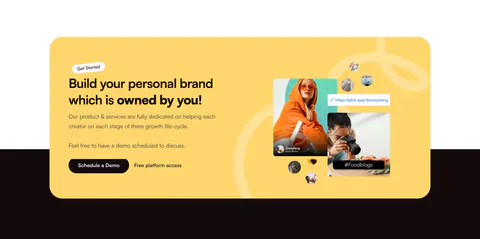 QuickLnk call-to-action section: yellow rounded card with headline and demo button on the left, creator photo collage on the right
