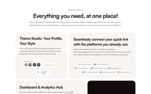 QuickLnk features section: centered headline above a four-tile bento of beige cards with UI snippets and one dark stat card