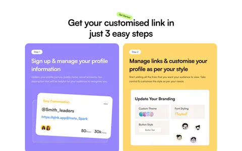 QuickLnk how it works section: centered headline above three step cards in purple, yellow and lime with profile UI mockups and photos