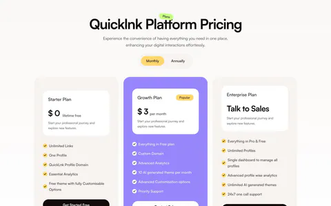 QuickLnk pricing section: centered headline and monthly/annual toggle above three plan cards with a purple highlighted middle tier