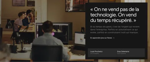 Raneo about & mission section: full-bleed office photo with a dark panel holding the founders' quote, a link and CEO/COO names