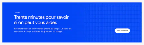 Raneo call-to-action section: blue banner with left-aligned headline and copy, a white contact button and vertical line texture