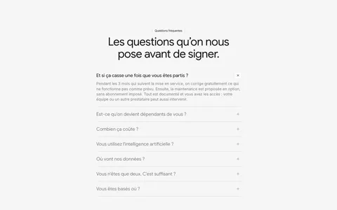 Raneo FAQ section: centered headline above a single-column accordion with the first question expanded on a light gray background