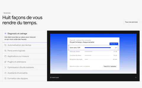 Raneo features section: headline above a vertical list of eight services beside a dark panel with blue gradient and diagnostic UI card