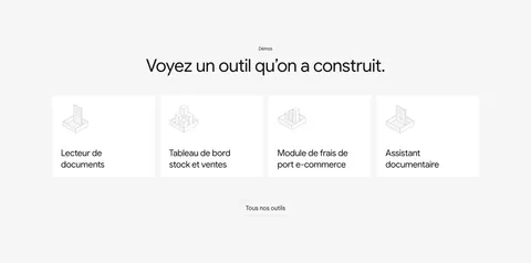 Raneo features section: centered headline above four equal white cards with isometric line icons for demo tools and an all-tools button