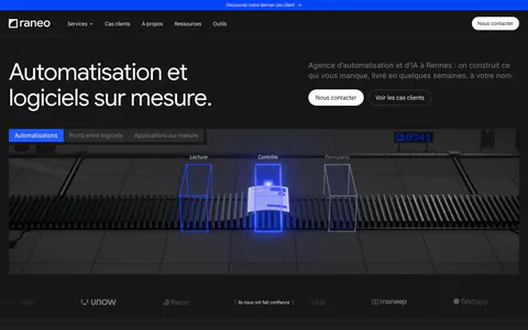 Raneo hero section: dark headline row with contact buttons above a tabbed 3D conveyor scene with scan gates and a client logo strip