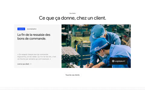 Raneo testimonials section: centered headline above a case-study card with tags, client quote and link beside a factory worker photo